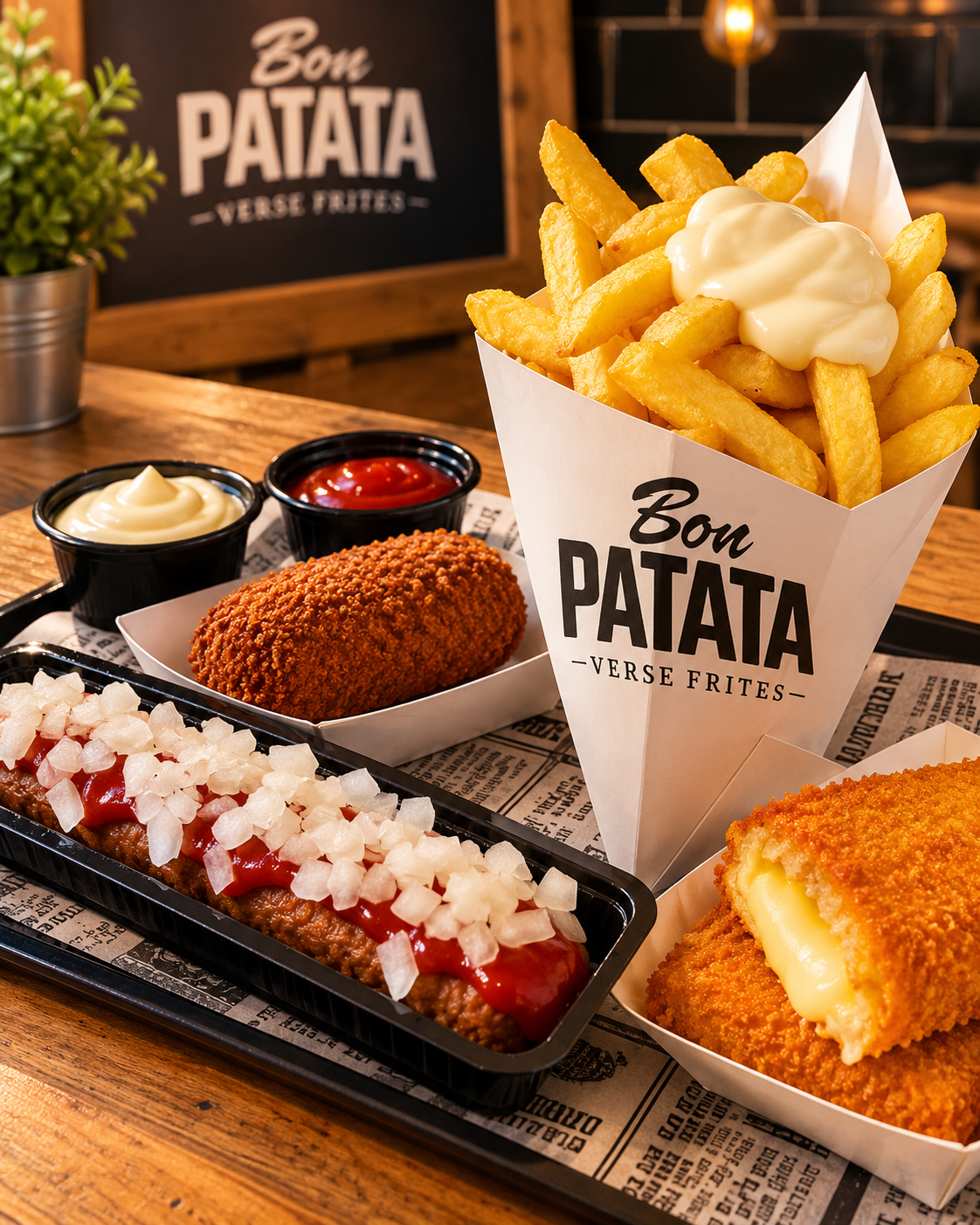 Bandeja de snacks holandeses clásicos: frikandel, kroket y kaassoufflé con salsas