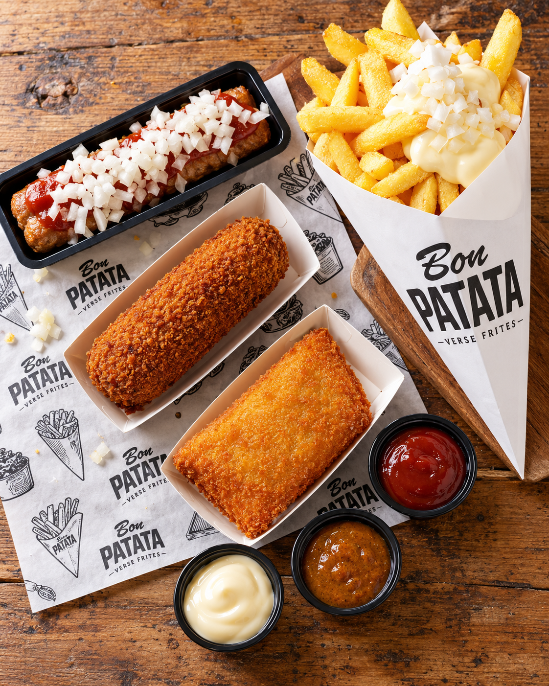 Patatas fritas recién hechas en un cucurucho de papel de Bon Patata con frikandel, kroket, kaassoufflé y salsas sobre papel con el logo