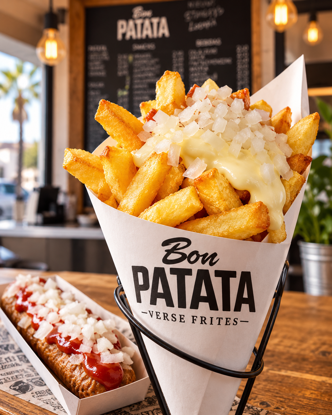 Cucurucho de patatas fritas recién hechas con mayonesa y cebolla en Bon Patata, Albir